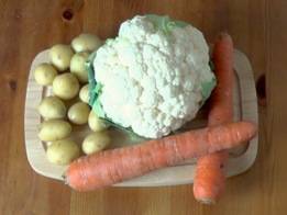 vegetables: carrots, cauliflower and new potatoes