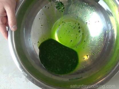 spinach juice in the bottom of the bowl