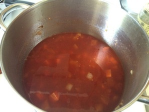 broth, tomatoes and lentils added to pot